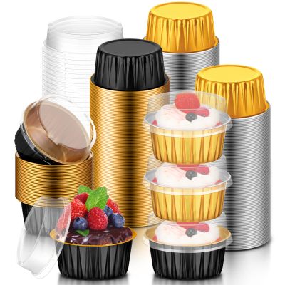120 Pcs Aluminum Foil Baking Cups Mini Cake Pans with Lids 5 oz Cupcake Liners Disposable Muffin Tins Wrappers Baking Foil Ramekins Pans Aluminum Cupcake Cups for Birthday Party(Black, Gold)