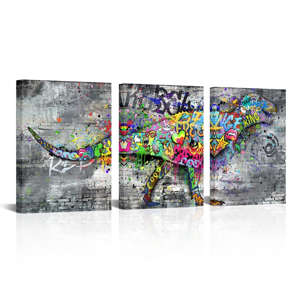 LoveHouse Dinosaur Canvas Wall Art Graffiti Dinosaur Painting Pictures Prints Boys and Kids Room Decorations