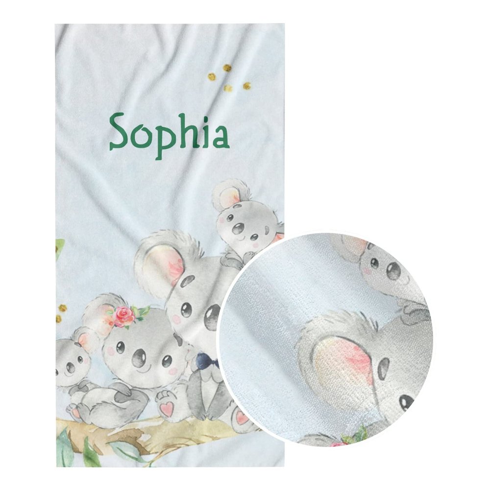 Cute Koala Bear Beach Towel Personalized Custom Name Microfiber Bath Towel Blanket 30 x 60 Inch
