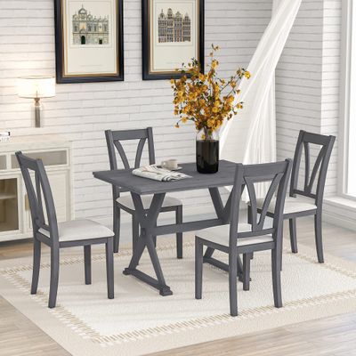 RUNNA Farmhouse Wooden 5-Piece Dining Table Set with Rectangular Table,4 Upholstered Chairs and V-Shaped Backrest,for Small Places Restaurants LivingRoom Furniture (Grey@A)