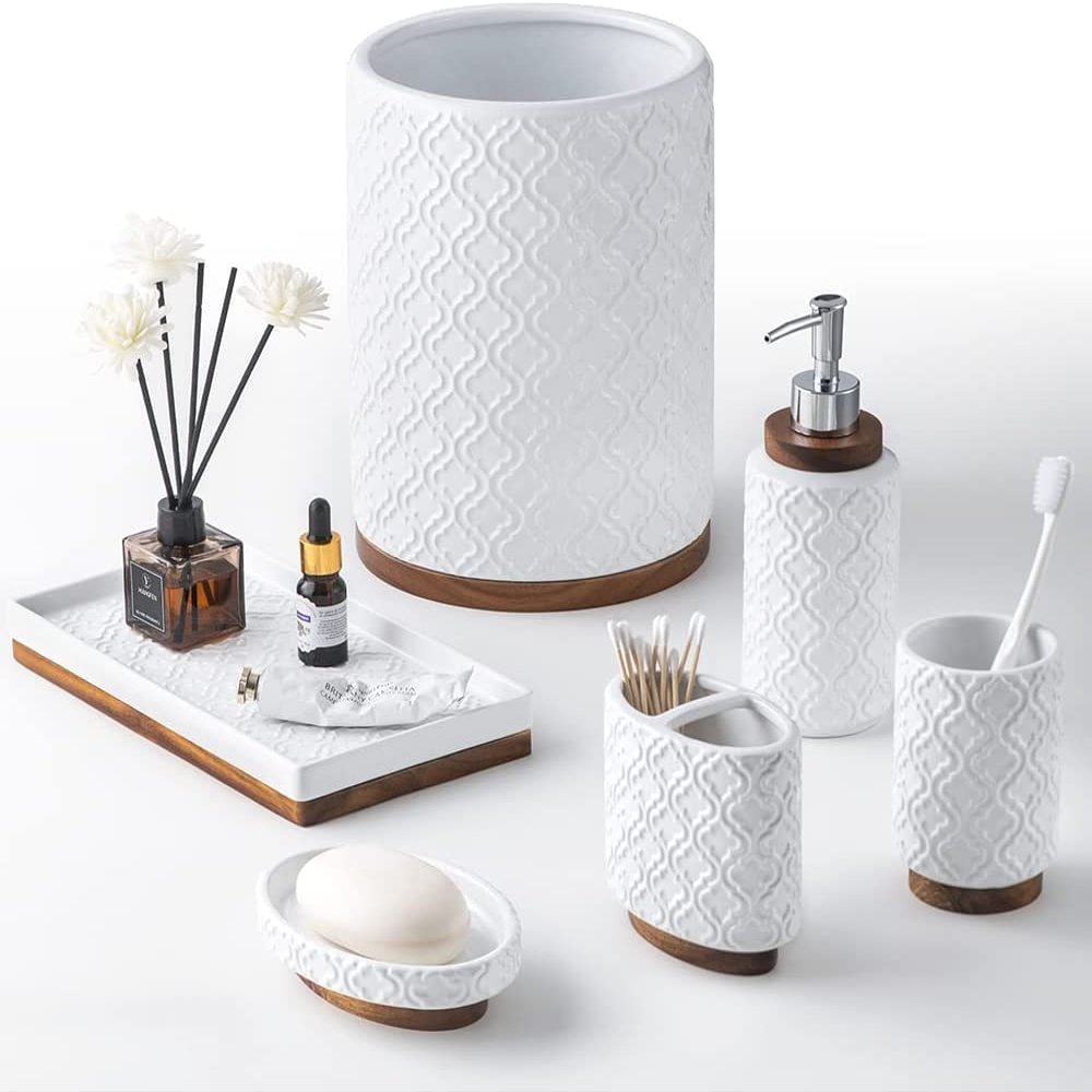RQYIXI Bathroom Accessories Set 6 Pcs Toothbrush Holder Soap Dispenser Ceramic and Wood Bathroom Set with Trash Can Soap Dispenser Toothbrush Holder Tray Tumbler Soap Dish White