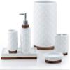RQYIXI Bathroom Accessories Set 6 Pcs Toothbrush Holder Soap Dispenser Ceramic and Wood Bathroom Set with Trash Can Soap Dispenser Toothbrush Holder Tray Tumbler Soap Dish White view 2