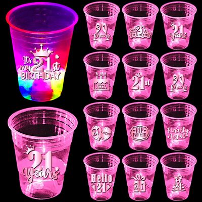 mishunyus 24 Pack Glow 21st Birthday Party Cups for Women - 16 oz Plastic Pink Cups with Rose Gold Foil Designs, Finally Legal & Happy 21" Decorations, Pink Glow Theme