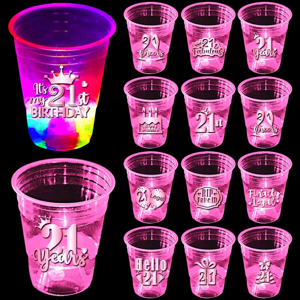 mishunyus 24 Pack Glow 21st Birthday Party Cups for Women - 16 oz Plastic Pink Cups with Rose Gold Foil Designs, Finally Legal & Happy 21" Decorations, Pink Glow Theme