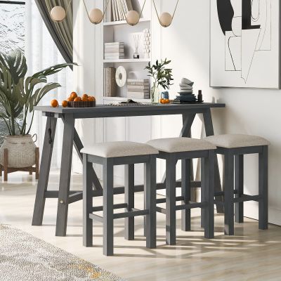3-Piece Pub Table with Stools, 59" Kitchen Dining Table Set with USB Port Wood Dining Room Table Set for 3, Bar Table Set with 3 Fabric Padded Stools for Breakfast Nook, Small Space, Living Room,Gray