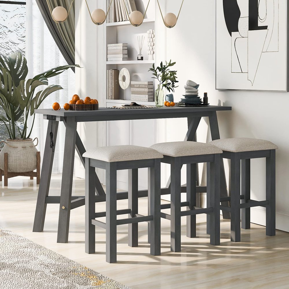 3-Piece Pub Table with Stools, 59" Kitchen Dining Table Set with USB Port Wood Dining Room Table Set for 3, Bar Table Set with 3 Fabric Padded Stools for Breakfast Nook, Small Space, Living Room,Gray