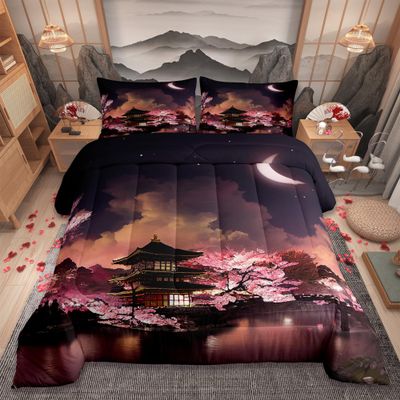 Japanese Style Bedding Set Full Size Moon Cherry Blossom Comforter Set 3pcs Romantic Night Sky Scenery Quilt Set for Kids Teens Girls Women Room Decor Exotic Pink Duvet Insert,2 Pillowcases