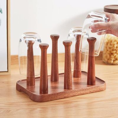 AKYLDI Wooden Rectangular Storage Cup Holder Inverted Tray Multipurpose Display Stand, Countertop Coffee Cup Stand with 6 Hooks, Coffee Counter, Bar Accessory & Kitchen Organizer