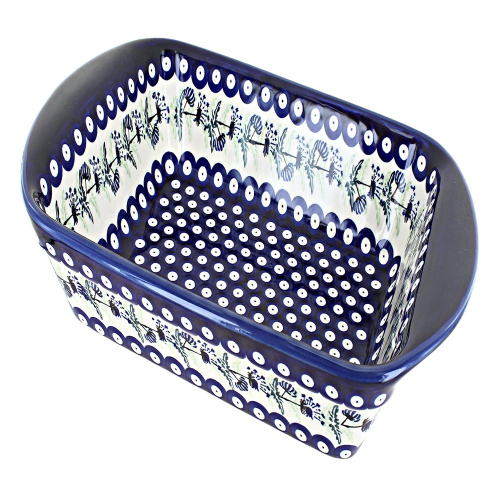 Blue Rose Polish Pottery - Blue Sweet Annie Large Rectangular Baker with Handles - 11.5" x 9.25" - Unique, Dishwasher Safe, & Durable Bakeware