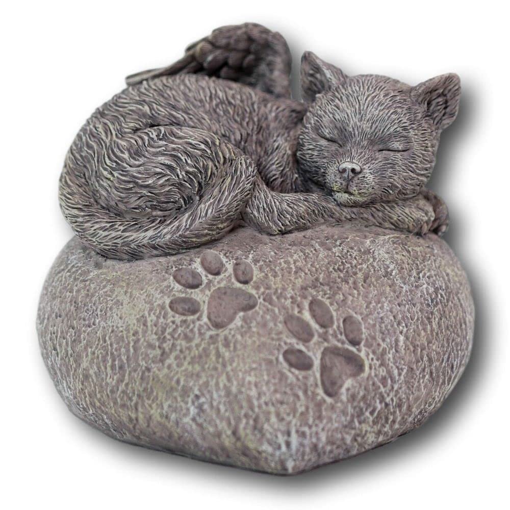 1 Pcs Of Pet Memorial Sleeping Angel Cat With Paw Prints Heart Shaped Rock Urn Statue