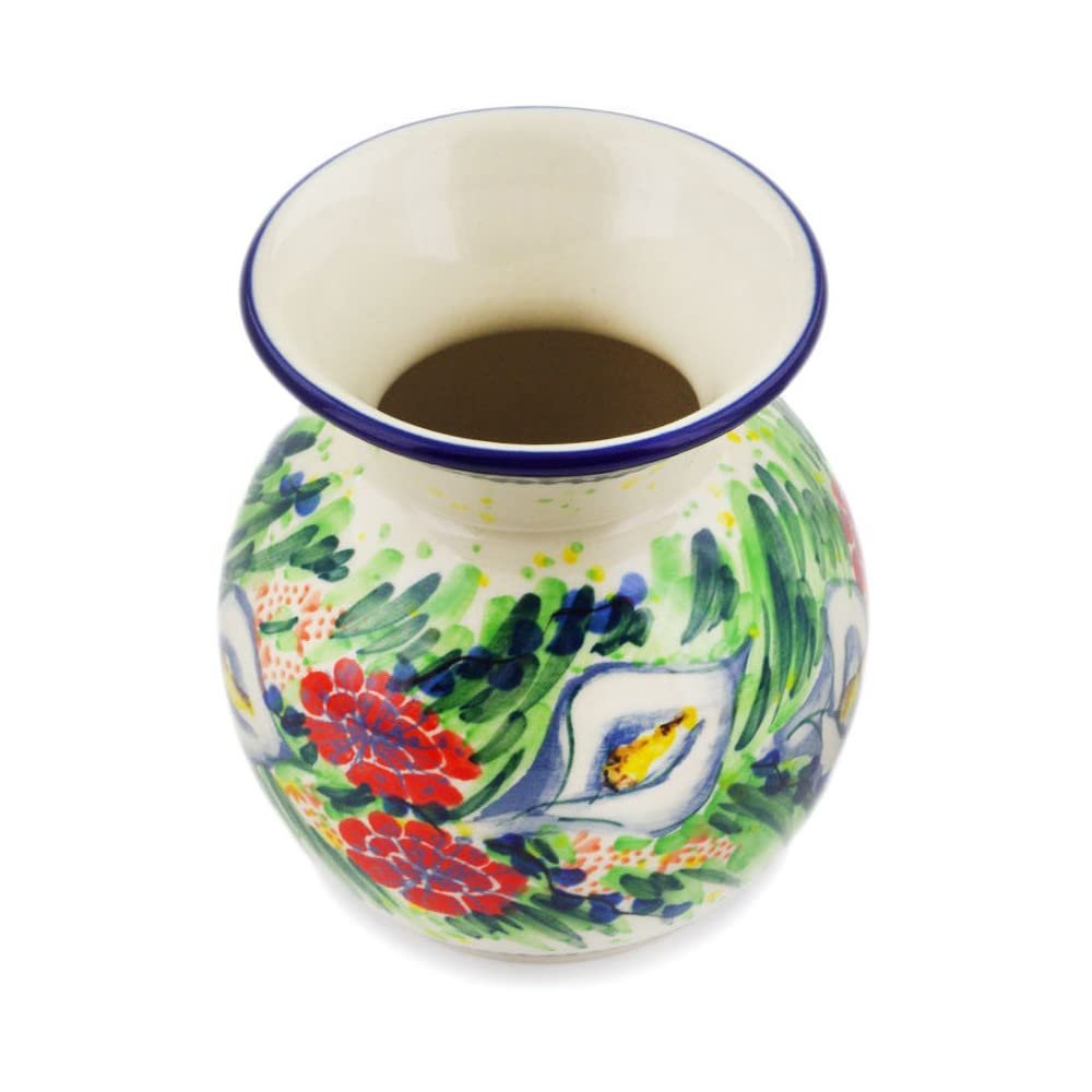 Polmedia Polish Pottery Vase UNIKAT - Canna Lily Elegance Pattern Handmade in Boleslawiec Poland by Ceramika Artystyczna + Certificate of Authenticity