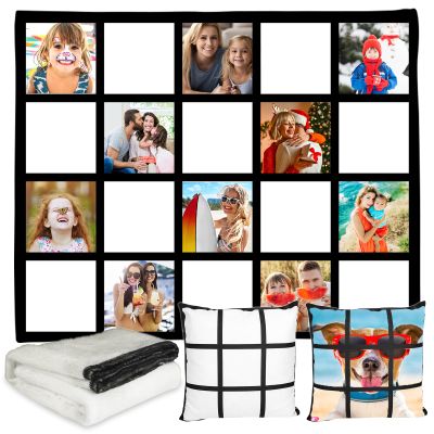 60"x50" Sublimation Blanks Throw Blanket with 20 Photo Panel Heat Press Custom Personalised Printable Panels Baby Printed Blanket Flannel Fleece 2 PCS Pillow Cover Throws Bed Sofa Home Bedroom