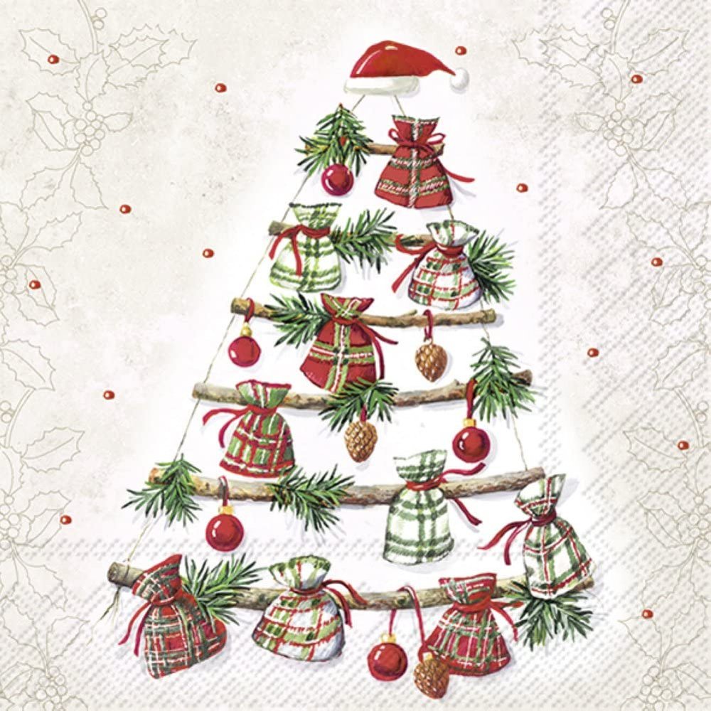 IHR Ideal Home Range Cocktail Napkins Disposable 3-Ply Paper Party Napkin Pack, 5" x 5", Stick Tree With Gifts (Cream), 20-Count