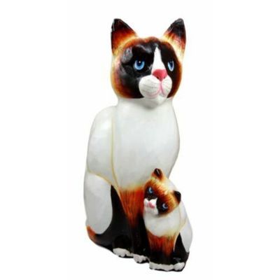 1 Pcs Of Wood Handicrafts Adorable Blue Eyed Cat & Kitten Family Figurine