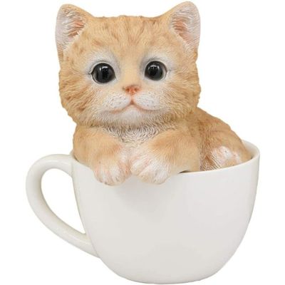 1 Pcs Of Lifelike Orange Cat Teacup Statue 5.75" H With Adorable Glass Eyes