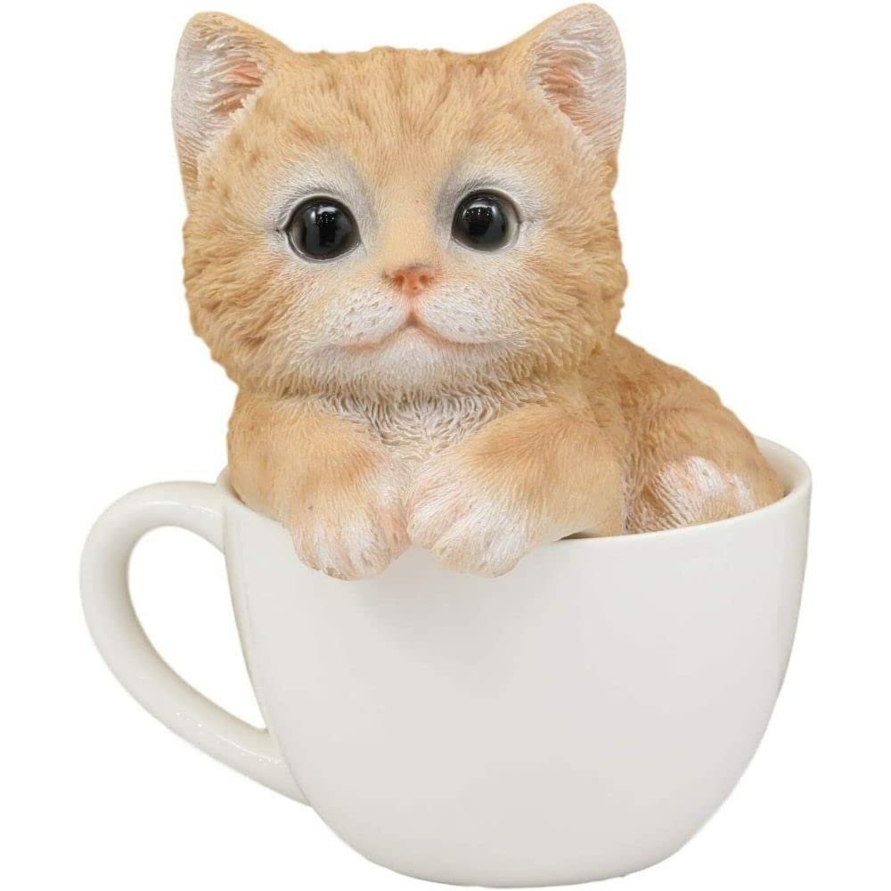 1 Pcs Of Lifelike Orange Cat Teacup Statue 5.75" H With Adorable Glass Eyes