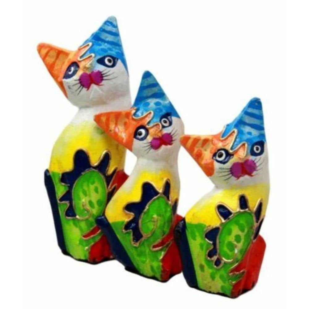 1 Pcs Of Balinese Wood Handicrafts Bright Colors Cat Family Set Of 3 Figurines