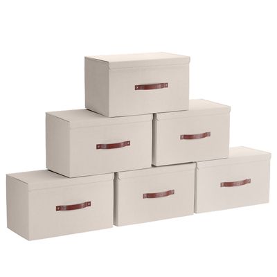 Ornavo Home 6 Pack Collapsible Storage Bins with Lid, Foldable Linen Fabric Shelf Storage Basket Closet Organizer and Large Storage Box for Clothes with Leather Handles, 15 x 10 x 9, Beige
