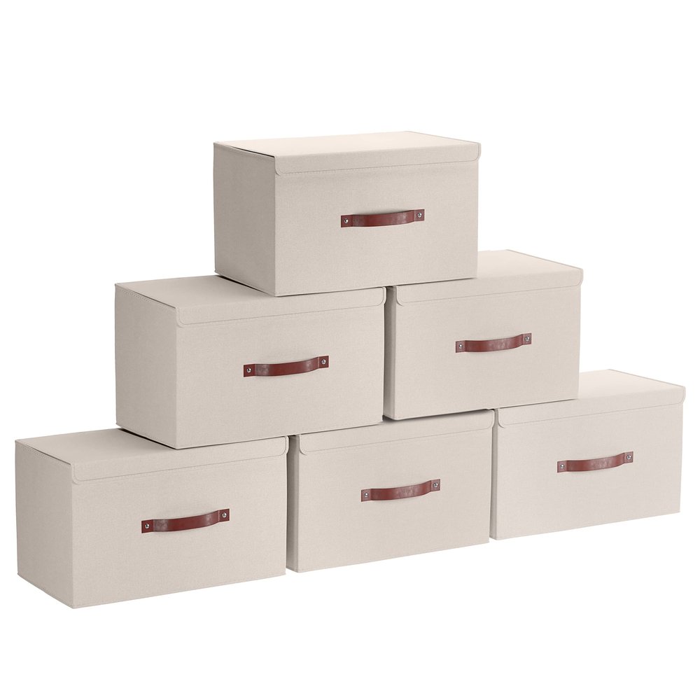 Ornavo Home 6 Pack Collapsible Storage Bins with Lid, Foldable Linen Fabric Shelf Storage Basket Closet Organizer and Large Storage Box for Clothes with Leather Handles, 15 x 10 x 9, Beige