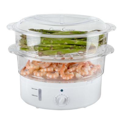 Classic Cuisine Food Steamer and Rice Cooker in one, Two-Tier Food Steamer for Healthy Meals anytime, cooks Vegetables, Fish, Dumplings, Eggs and more, 6.3 QT, Clear