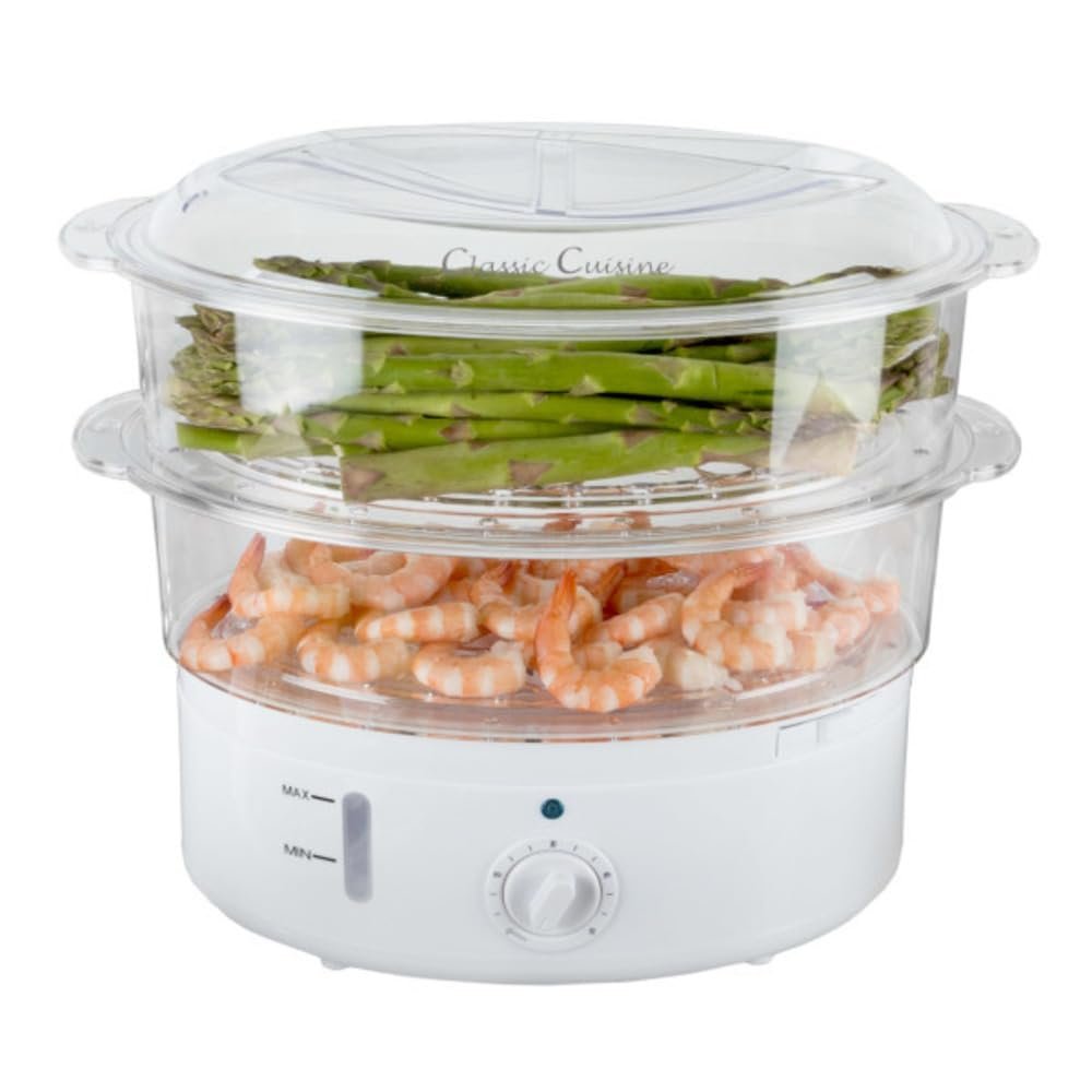 Classic Cuisine Food Steamer and Rice Cooker in one, Two-Tier Food Steamer for Healthy Meals anytime, cooks Vegetables, Fish, Dumplings, Eggs and more, 6.3 QT, Clear