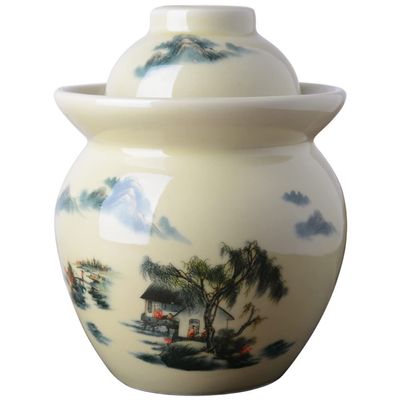 QPZK Traditional Chinese Porcelain Pickle Jar, Natural Ceramic Fermentation Crock Pickling Pot,Fermenting Jar with Water Seal Airlock Lid Stoneware Fermenter for Sauerkra 3.5KG