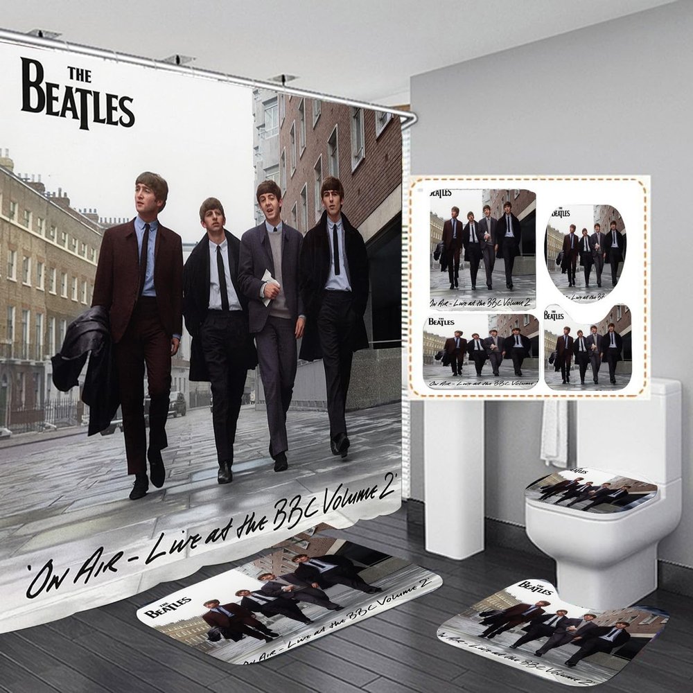Bathroom 4 Pieces Set Beatles Shower Curtain, Toilet Lid Cover and Bath Mat, Non-Slip Rugs, Durable and Waterproof, for Bathroom Decor Set, 72" x 72"
