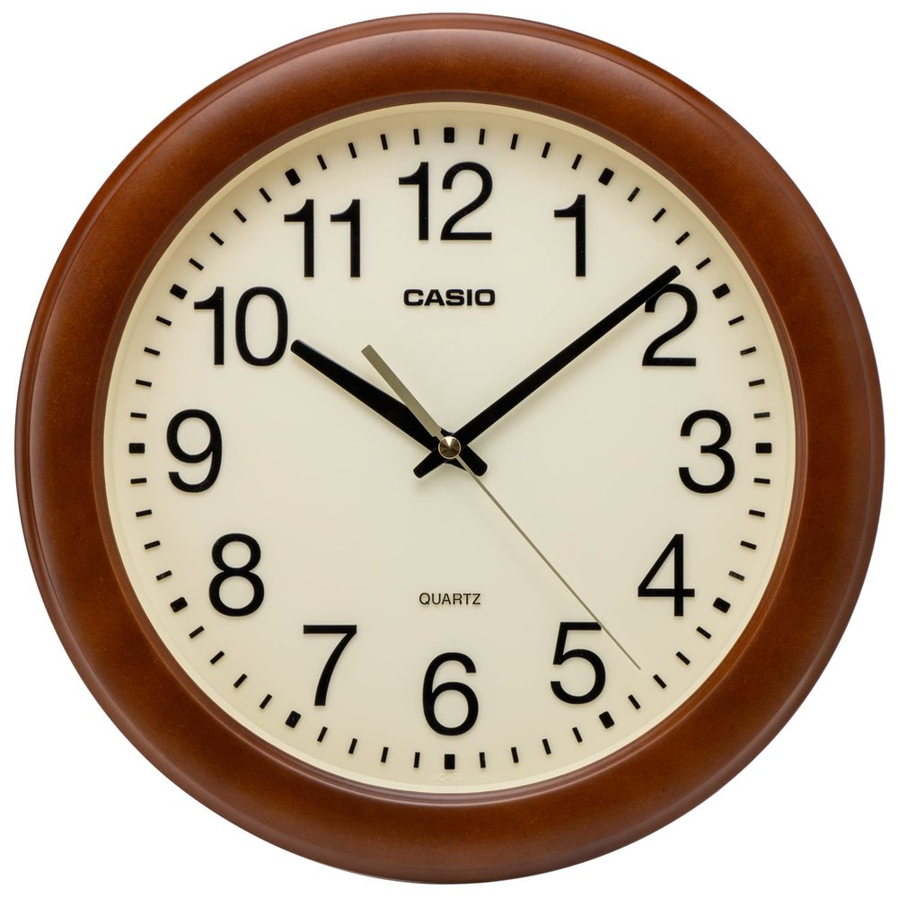 CASIO IQ-136-5JF Brown Analog Wood Grain Wall Clock, 11.6 inches (29.5 cm), Silent, Continuous Second Hand