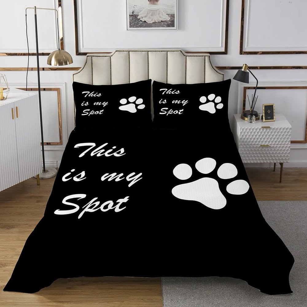 3 Piece Cat Dog Paw Quilt Bedding Set Women Aldult Lightweight Bedding Black and White Bedspread Set Kawaii Animals Bedspread Coverlet Soft Microfiber Home Quilt Set for King Bed All Season