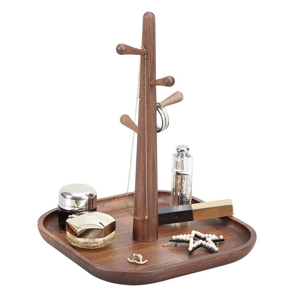 CAMLOT 4 Tiers Wooden Key Holder with Tray,Wood Decorative Organizer in Entryway for Keys, Wallet and Small Stuff, Jewelry Hanging Stand Display on Dresser (Walnut) (4 Tiers)