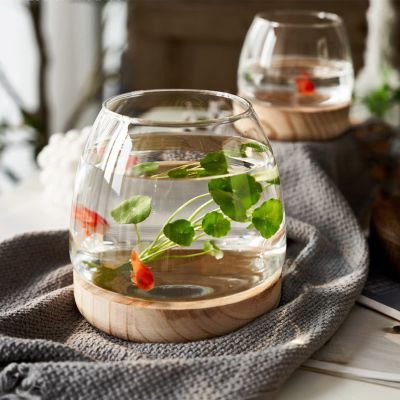 ZWMBYN Glass Fish Bowl Vase with Detachable Wood Base, Betta Fish Tank Clear Glass Round Bubble Bowl Flower Vase, Hydroponic Plant Terrarium Aquarium Goldfish Bowl for Centerpieces Home Office Decor