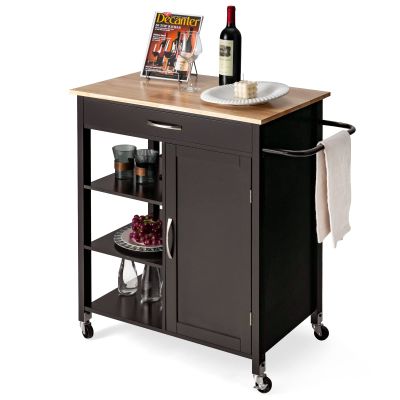 LOKO Kitchen Island with Storage, Rolling Kitchen Cart with Towel Rack, Storage Drawer, and 3-Tier Open Shelves, Kitchen Island on Wheels with Rubber Wood Top, 34.5 x 18.5 x 36.5 Inches (Espresso)