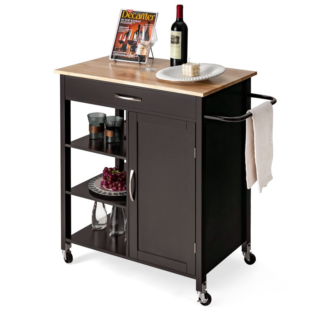 LOKO Kitchen Island with Storage, Rolling Kitchen Cart with Towel Rack, Storage Drawer, and 3-Tier Open Shelves, Kitchen Island on Wheels with Rubber Wood Top, 34.5 x 18.5 x 36.5 Inches (Espresso)