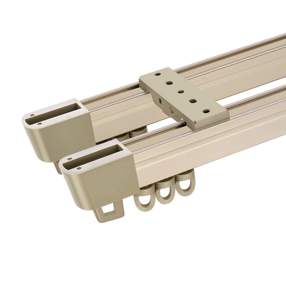 Aluminum Double Curtain Track - Silent Ceiling Track For Curtains - Luxury Curtain Rail Track Wall Mount RV Curtain Rail - With Rails, Pulleys, Brackets, End Caps(Color:Champagne-A,Size:300cm/9.8ft)