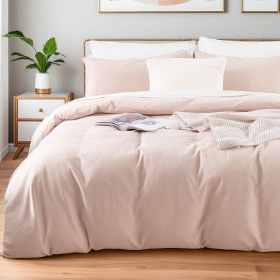 NEXHOME PRO Duvet Cover Set 100% Washed Cotton Full Size Linen Feel Textured Organic Natural 3 Pieces Bedding Set Greyish Light Pink with Zipper Closure and Corner Ties, Breathable(No Comforter)