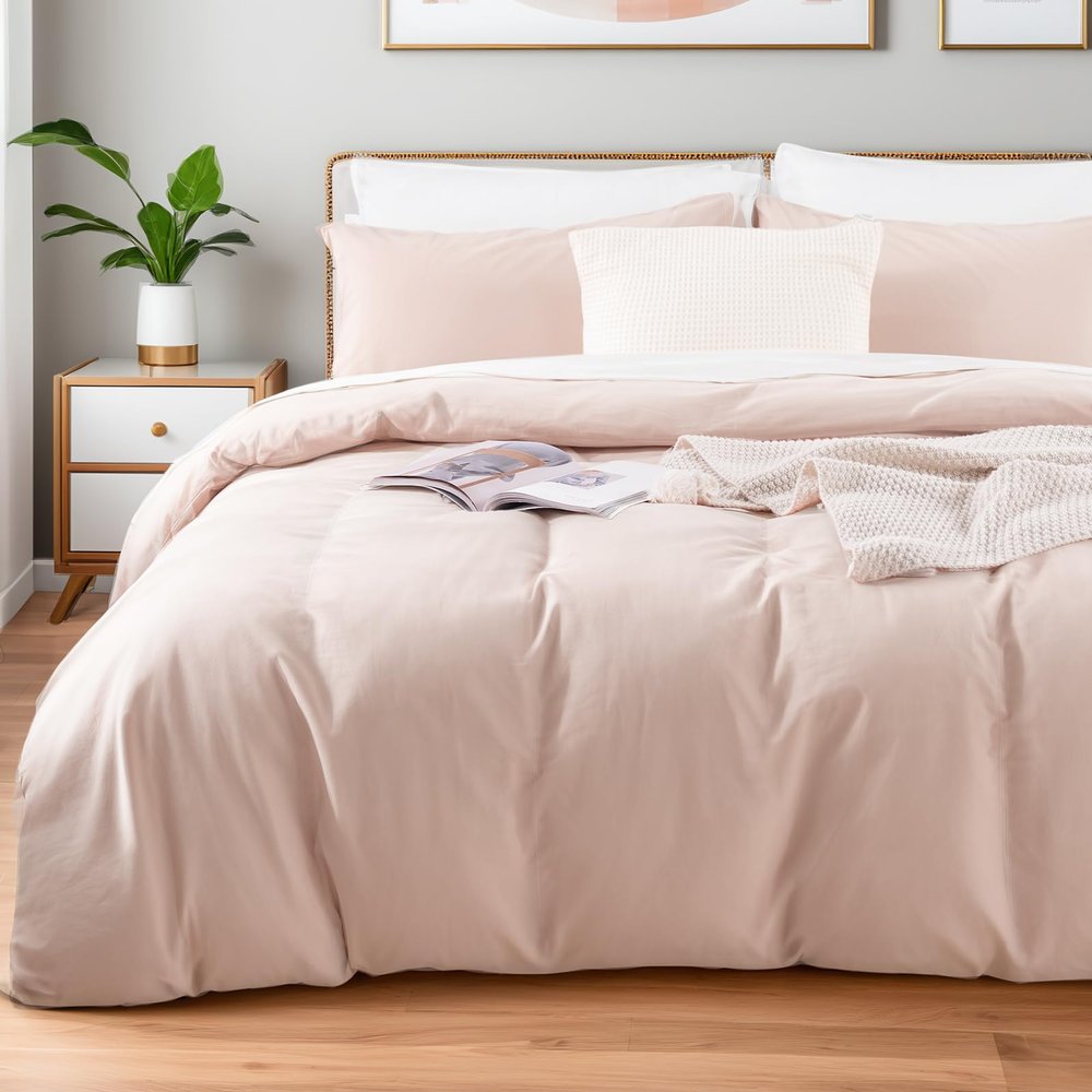 NEXHOME PRO Duvet Cover Set 100% Washed Cotton Full Size Linen Feel Textured Organic Natural 3 Pieces Bedding Set Greyish Light Pink with Zipper Closure and Corner Ties, Breathable(No Comforter)