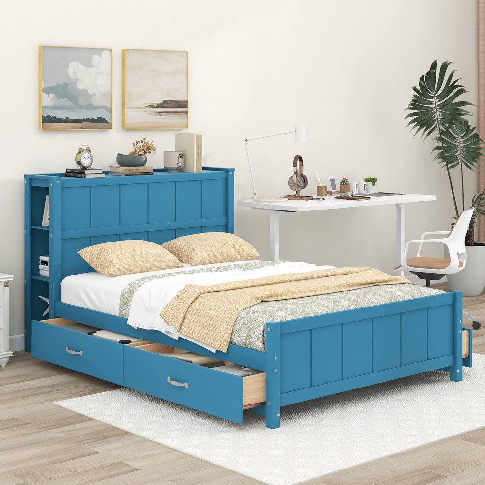 Hlcodca Modern Full Size Platform Bed, Multifunctional Wood Bed Frame with Four Under-Bed Drawers and Storage Shelves,No Box Spring Required (Blue/Storage Shelve)