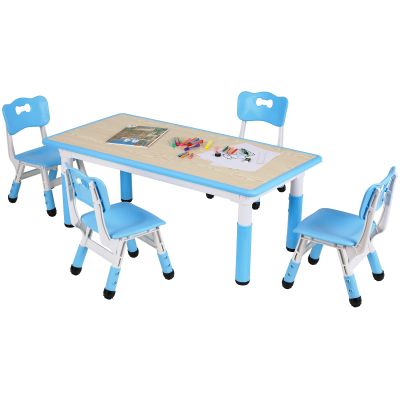 Arlopu Kids Table and 4 Chairs, Height Adjustable Toddler Desk & Chair Set, Anti-Slip Legs, Graffiti Desktop, Children Large Multi-Activity Table with 47.2" x 23.6", Classroom, Homes, Daycares (Blue)