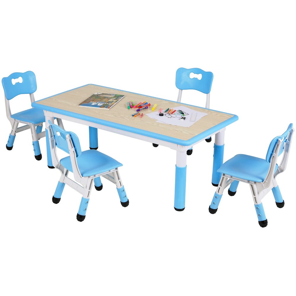 Arlopu Kids Table and 4 Chairs, Height Adjustable Toddler Desk & Chair Set, Anti-Slip Legs, Graffiti Desktop, Children Large Multi-Activity Table with 47.2" x 23.6", Classroom, Homes, Daycares (Blue)
