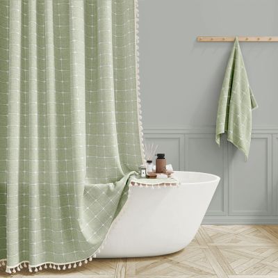 BTTN Stall Fabric Shower Curtain - 54 x 78 Inches Boho Linen Heavy Duty Tassel Shower Curtain Set with 10 Hooks, Narrow Rustic Modern Farmhouse Bohemian Thick Shower Curtains for Bathroom - Sage Green