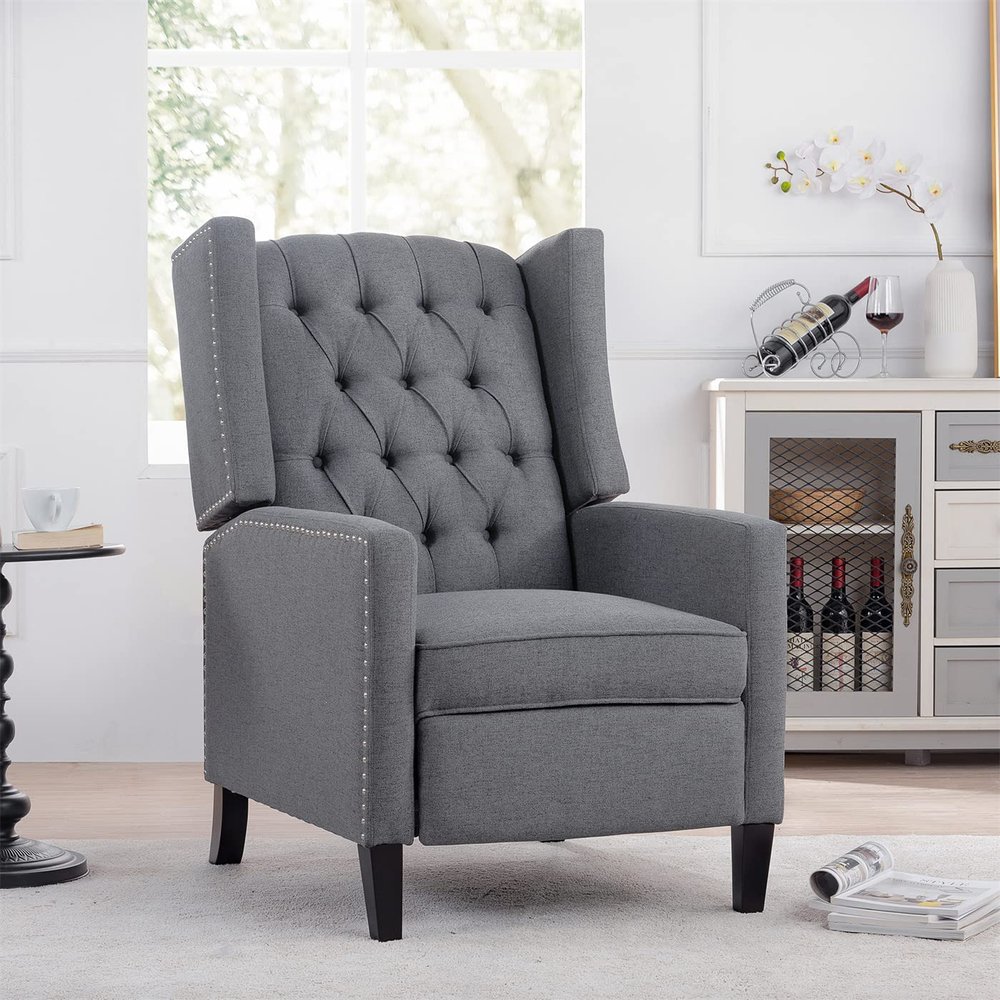 27" Recliner Chair, Wide Manual Wing Chair with Nailhead Trim, Tufted Single Sofa Chair with Solid Wood Legs, Velvet Upholstered Reading Chair Lounge Chair for Living Room Bedroom Office, Grey