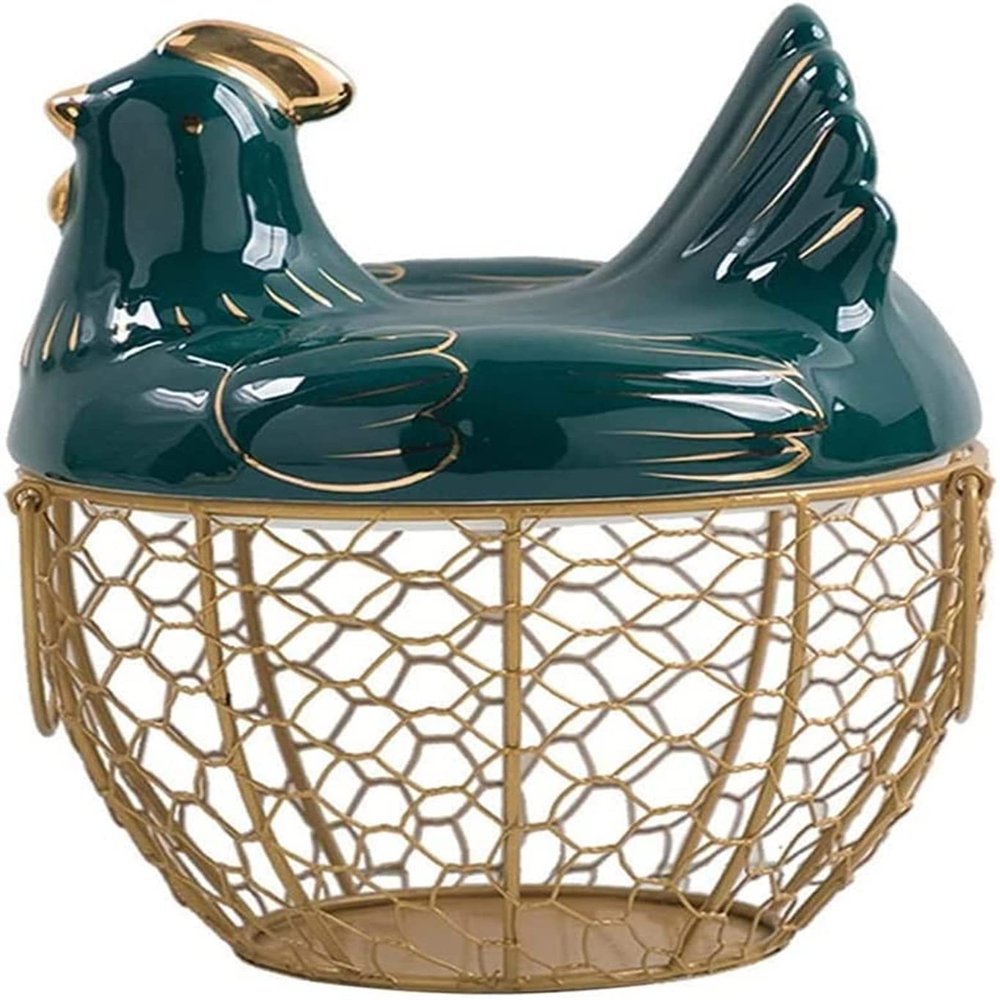 TATSEN Egg Storage Basket Metal Wire Fruit Basket with Chicken Shape Lid Ceramic Egg Holder Storage Holds 30 Eggs