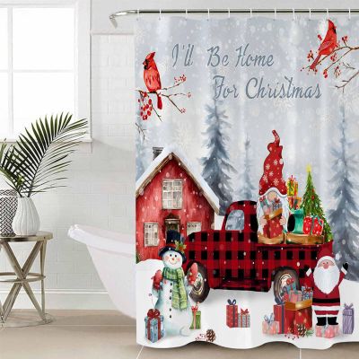 Christmas Red Plaid Truck Shower Curtain, Stall Shower Curtains for Bathroom/Bathtub, Gnomes Snowman Xmas Tree Winter Snowflake Waterproof Fabric Shower Curtain Set with 12 Hooks, Small 36" x 72"