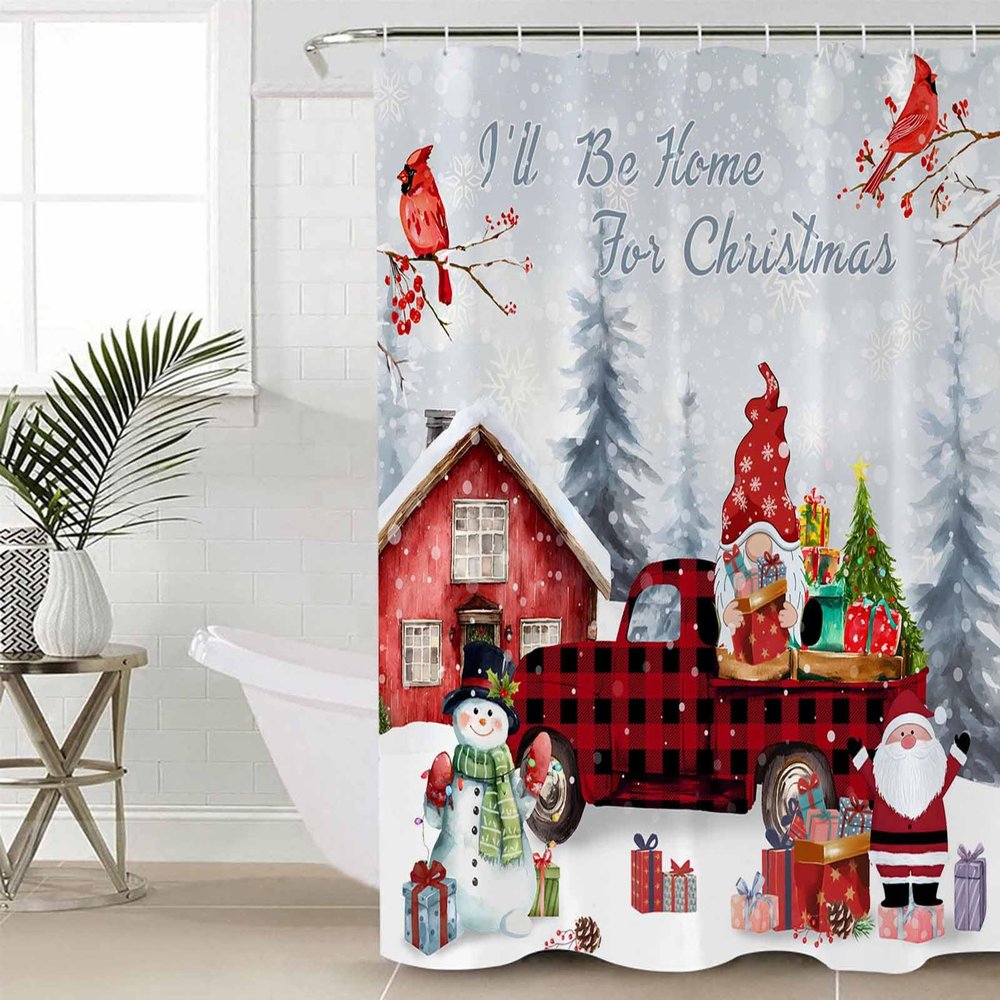 Christmas Red Plaid Truck Shower Curtain, Stall Shower Curtains for Bathroom/Bathtub, Gnomes Snowman Xmas Tree Winter Snowflake Waterproof Fabric Shower Curtain Set with 12 Hooks, Small 36" x 72"