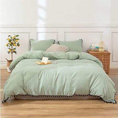 3 Pieces Sage Green Pom Pom Cotton Duvet Cover Set Boho Bedding UO Comforter Cover with 2 Pillowcases, No Filler Included (Sage Green Black Pom Pom, Super King 108" x 108" Inches)