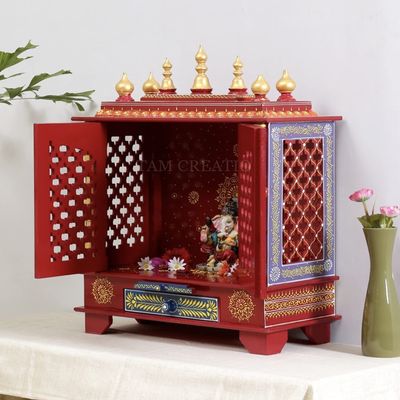 Aakrati Devyom Devyom Wooden Pooja Mandir Indian Hindu Decoration Puja Cabinet Temple Bhagwan Stand Mandapam Wall Hanging Decor for Home in USA (24x12x30 Inches) (22x11x28 Inches), Red
