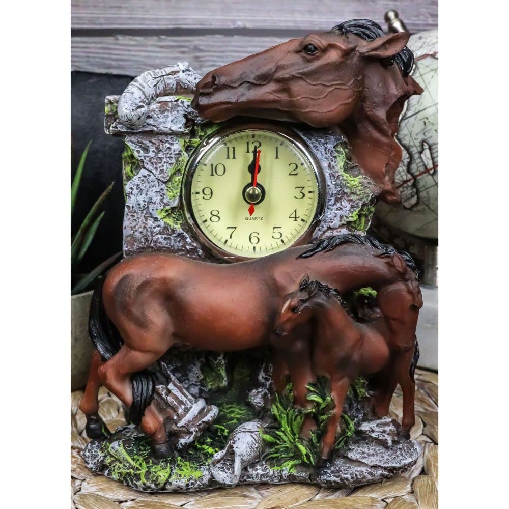 1 Pcs of Brown Chestnut Stallion Horse Mare Stallion and Foal Family Desktop Table Clock