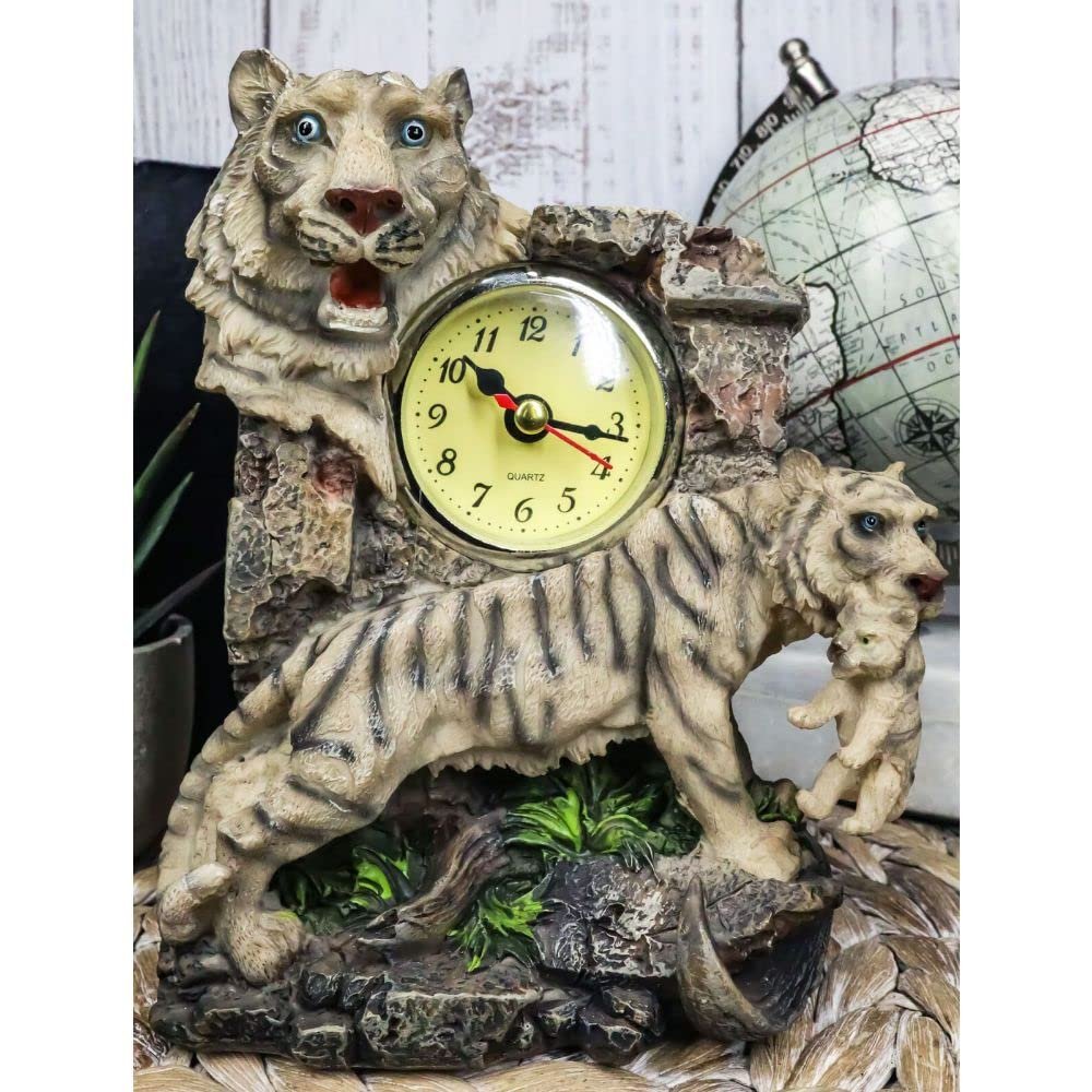 1 Pcs of Jungle Rainforest Apex Predator White Tiger and Cub Family Table Clock Figurine