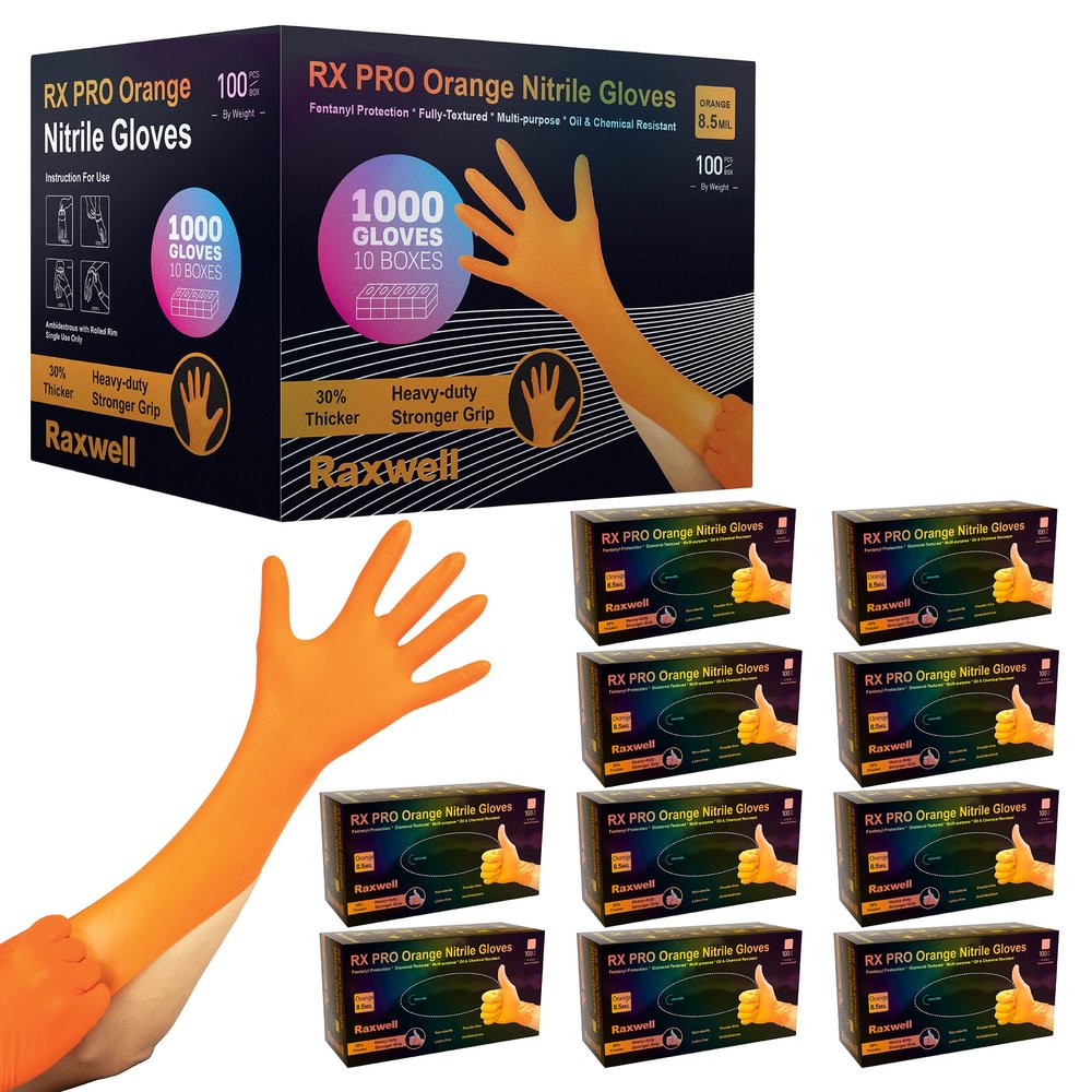 Raxwell Powder Free Nitrile Gloves - Work Gloves with Grip & Diamond Texture - Food Service Ready & Touchscreen Compatible - Small, Orange, Pack of 1000