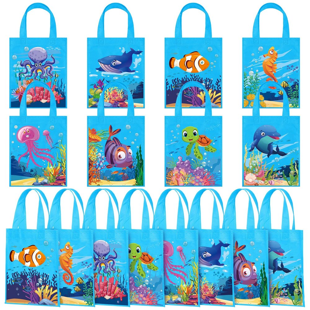 24 Pcs Under The Sea Party Favors Bags Ocean Gift Goodie Bag with Handles Sea Animals Candy Treat Reusable Pouch for Summer Ocean Birthday Party Decorations Baby Shower Supplies
